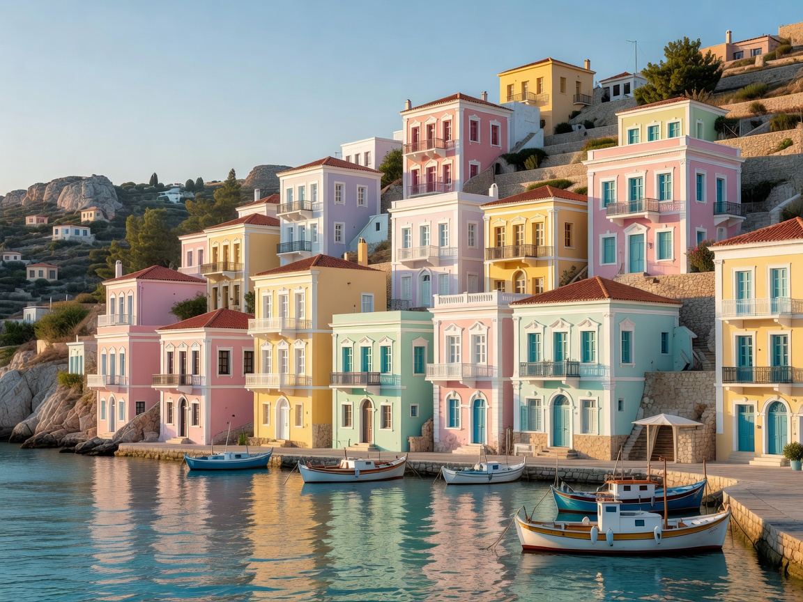 Neoclassical pastel mansions rising above the harbor of Symi Greece