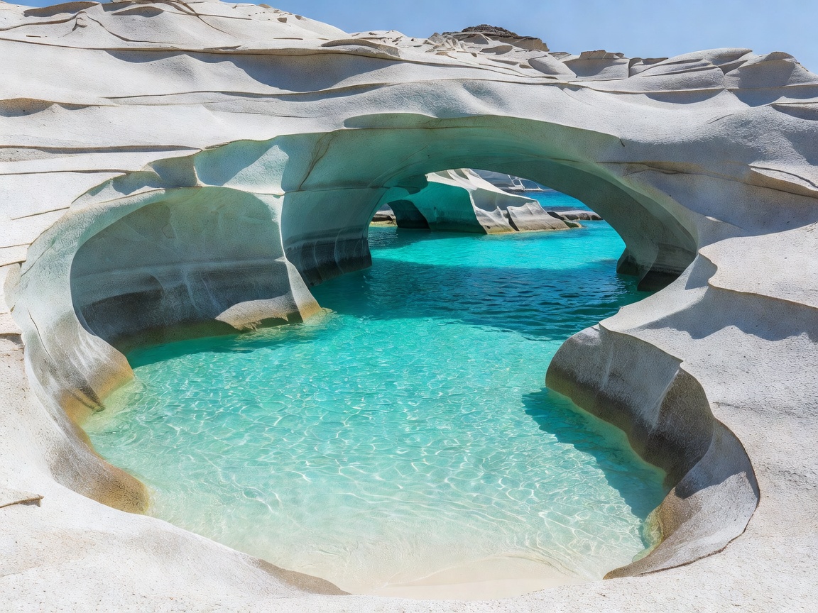 Smooth white volcanic rock formations framing turquoise water at Sarakiniko