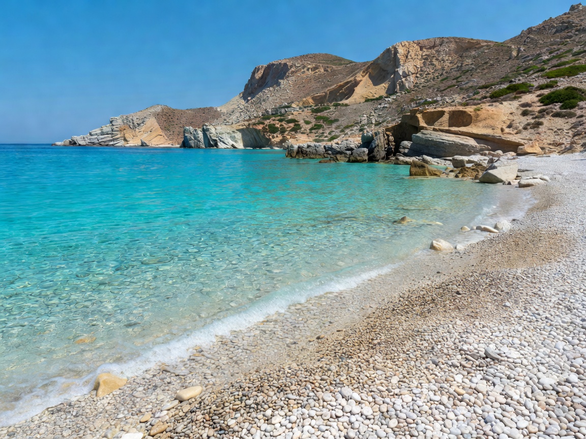 Turquoise waters and pebble shore of Katergo beach on Folegandros