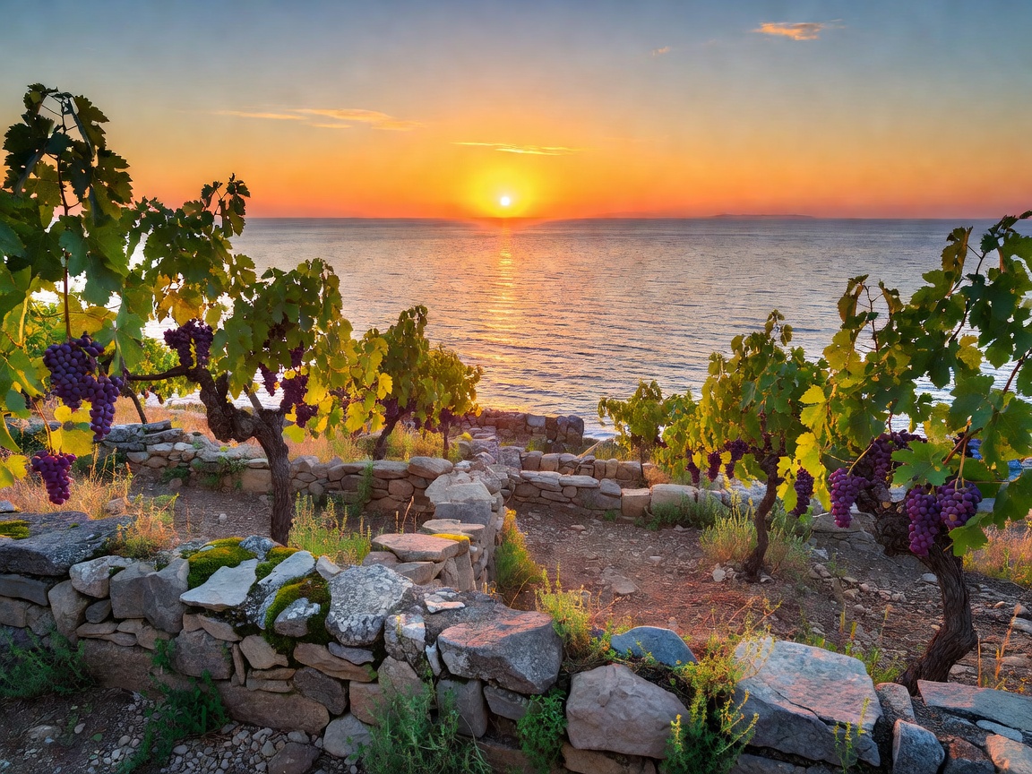 Untouched Greek stone vineyard terrace overlooking the shimmering Aegean sunset on Sikinos