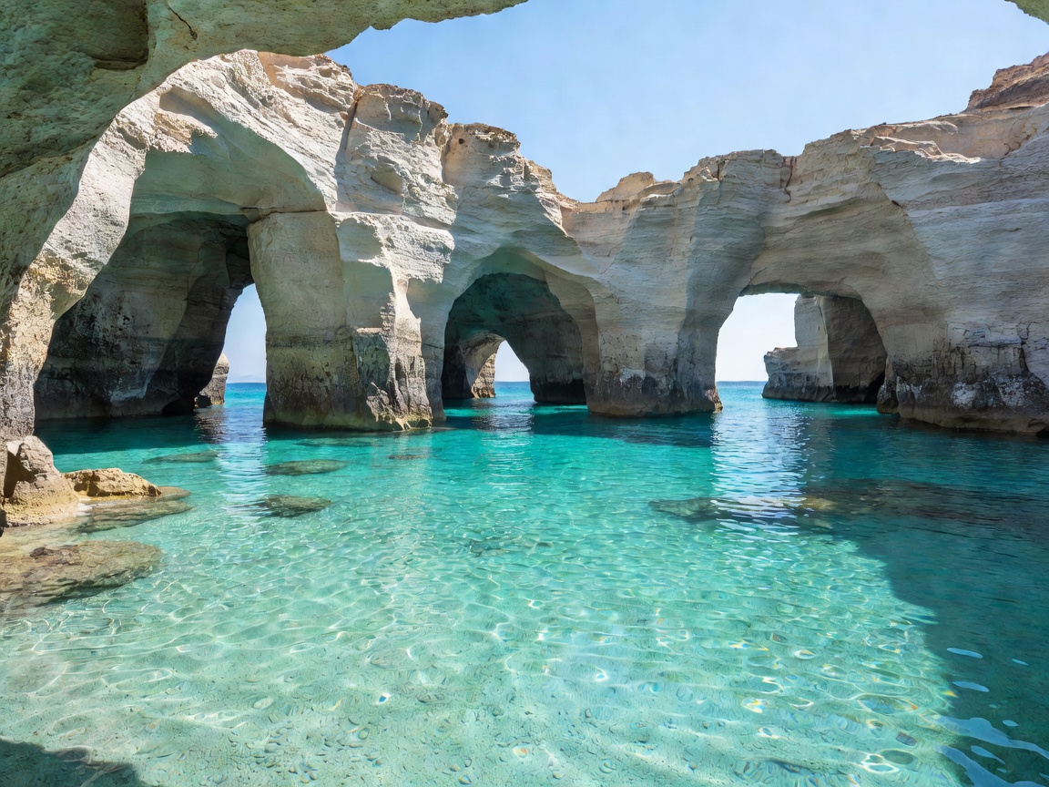 White sea caves and limestone sea arches in crystal clear turquoise water at Kleftiko Milos