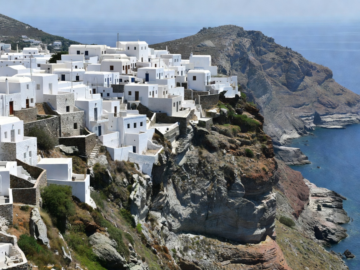 Whitewashed cubic houses along the sheer cliff precipice of Chora in Folegandros