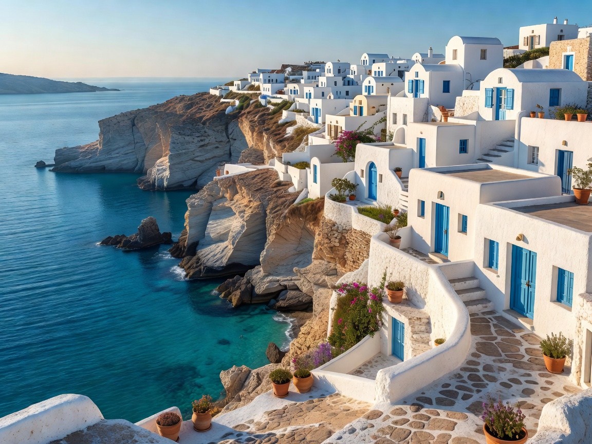Whitewashed Greek island architecture overlooking tranquil deep turquoise sea and cliffs